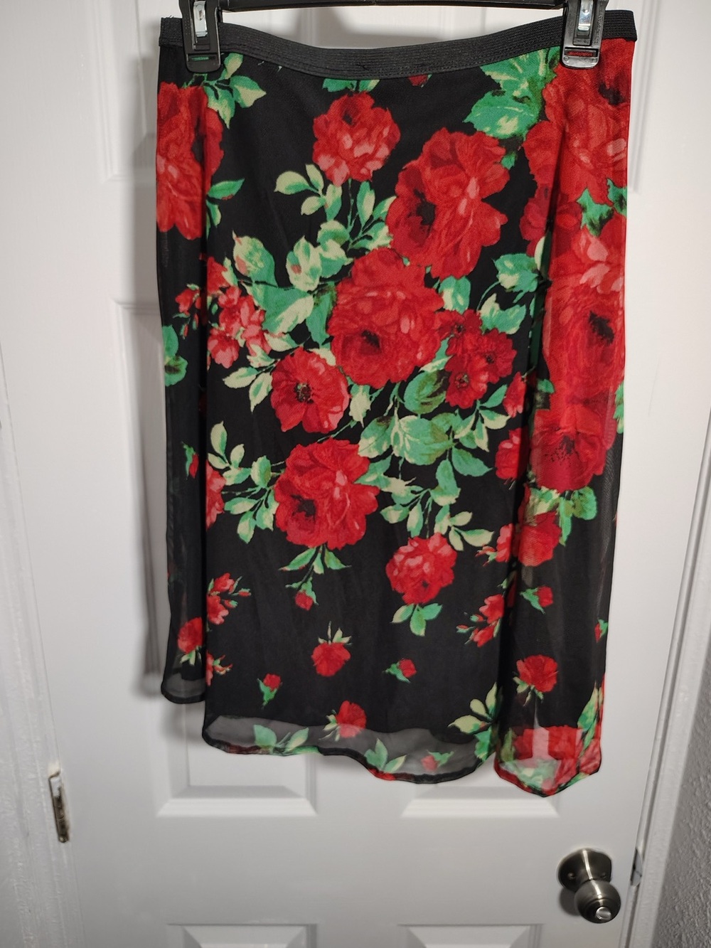 Black Midi Skirt with Red Floral Print